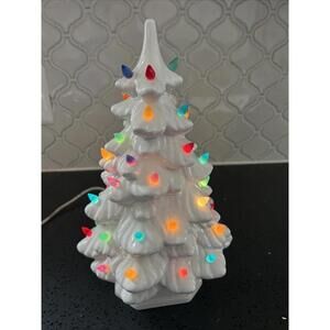 Vintage Ceramic White Christmas Tree w Multicolor Bulbs 12” 1977 SEE PICTURES